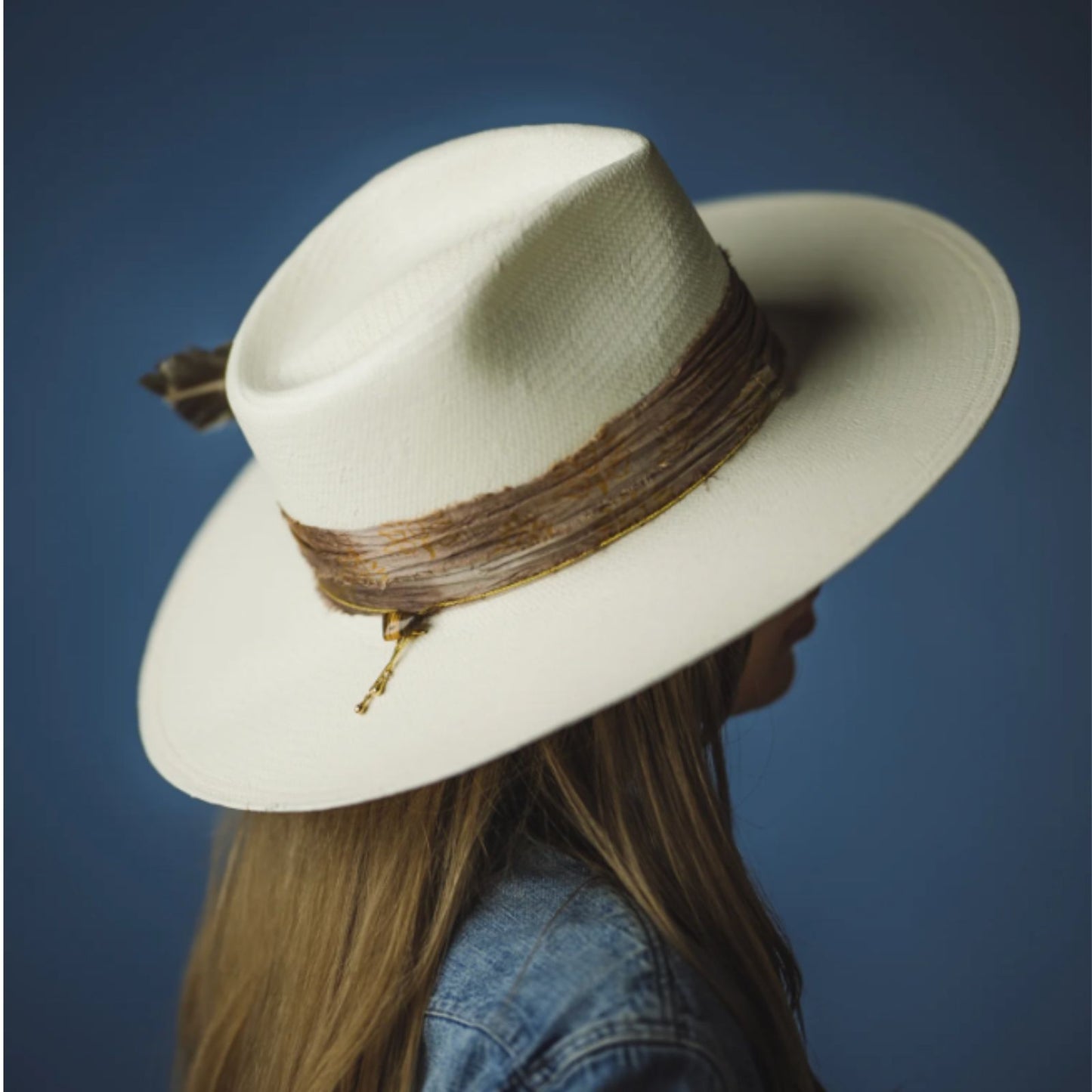 "1784" Hat – Woven Shantung with Vintage Chain and Tiger's Eye Accent