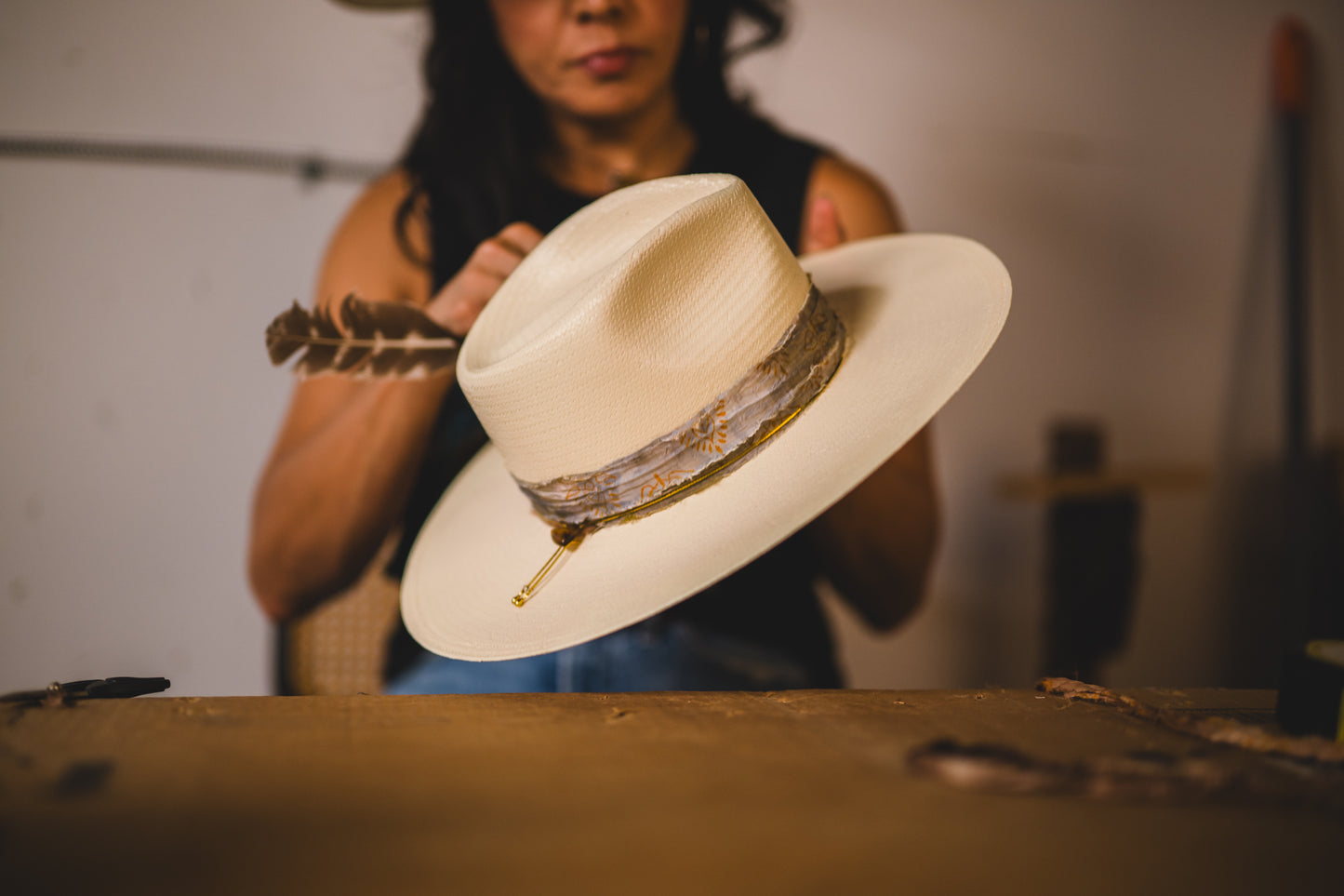 "1784" Hat – Woven Shantung with Vintage Chain and Tiger's Eye Accent