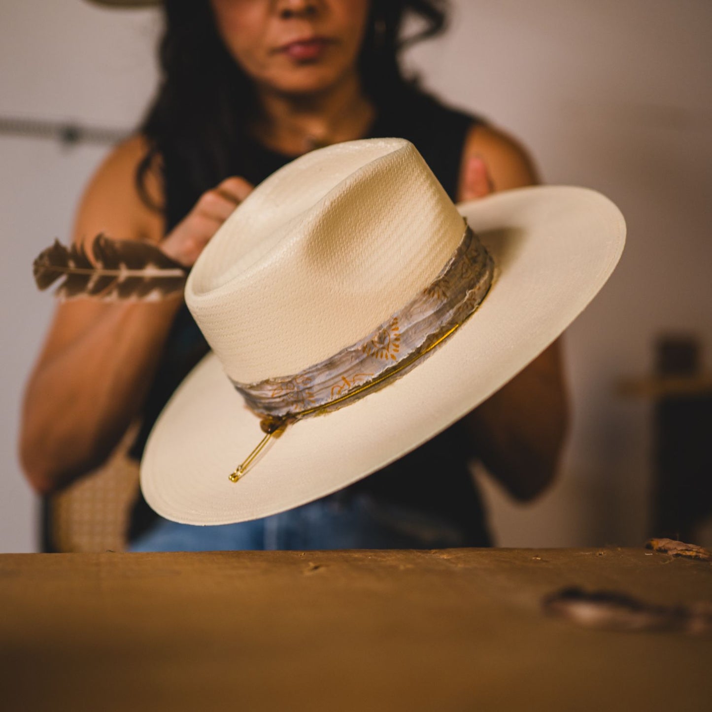 "1784" Hat – Woven Shantung with Vintage Chain and Tiger's Eye Accent