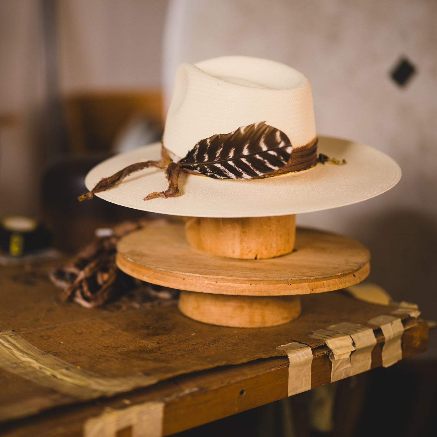 "1784" Hat – Woven Shantung with Vintage Chain and Tiger's Eye Accent